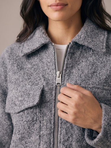 Zoe Coat in gray — close-up of the polo collar and silver-tone zip