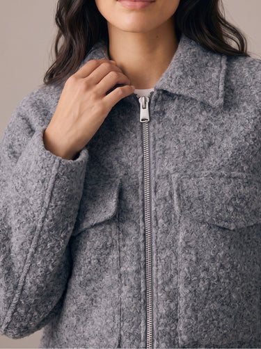 Zoe Coat in gray — close-up on model showing the collar and zip front