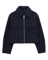 Zoe Coat in navy blue — cropped tweed-effect zip jacket with polo collar and flap pockets, flat lay