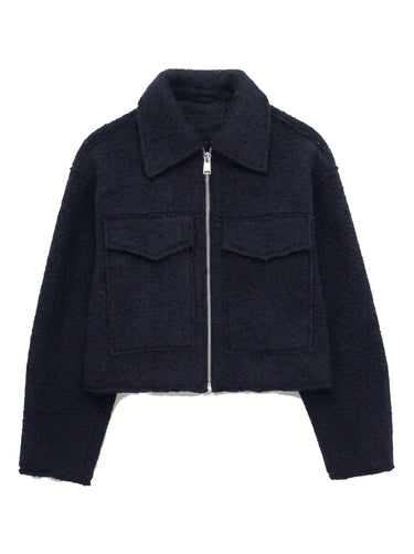 Zoe Coat in navy blue — cropped tweed-effect zip jacket with polo collar and flap pockets, flat lay