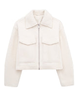 Zoe Coat in milky white — cropped tweed-effect zip jacket with polo collar and flap pockets, flat lay