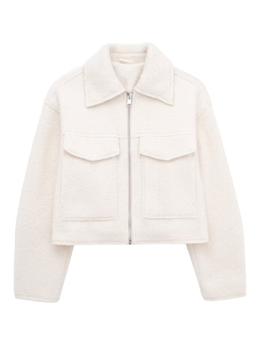 Zoe Coat in milky white — cropped tweed-effect zip jacket with polo collar and flap pockets, flat lay