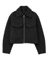Zoe Coat in black — cropped tweed-effect zip jacket with polo collar and flap pockets, flat lay