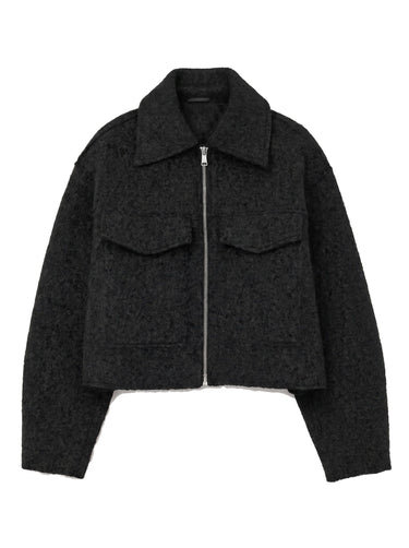 Zoe Coat in black — cropped tweed-effect zip jacket with polo collar and flap pockets, flat lay