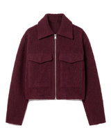 Zoe Coat in burgundy — cropped tweed-effect zip jacket with polo collar and flap pockets, flat lay