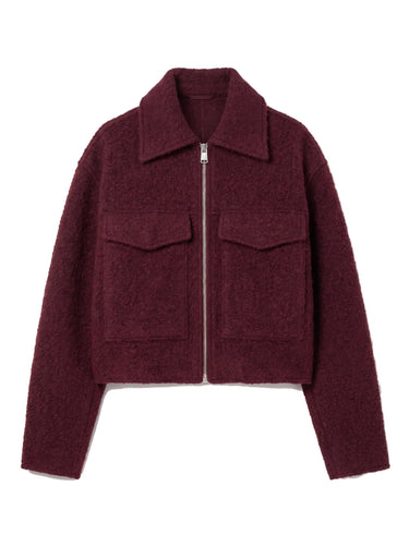 Zoe Coat in burgundy — cropped tweed-effect zip jacket with polo collar and flap pockets, flat lay