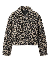 Zoe Coat in leopard print — cropped tweed-effect zip jacket with polo collar and flap pockets, flat lay