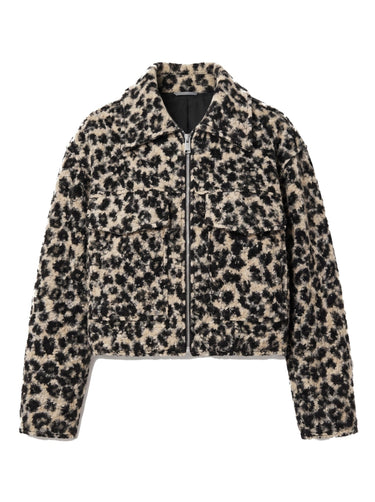 Zoe Coat in leopard print — cropped tweed-effect zip jacket with polo collar and flap pockets, flat lay