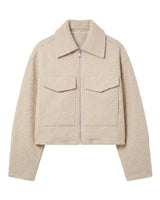 Zoe Coat in beige — cropped tweed-effect zip jacket with polo collar and flap pockets, flat lay