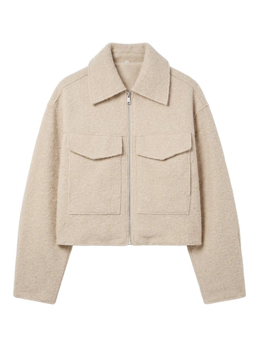 Zoe Coat in beige — cropped tweed-effect zip jacket with polo collar and flap pockets, flat lay